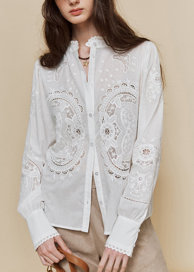 Italian White Stand Collar Embroidered Cotton Shirt Top Fall