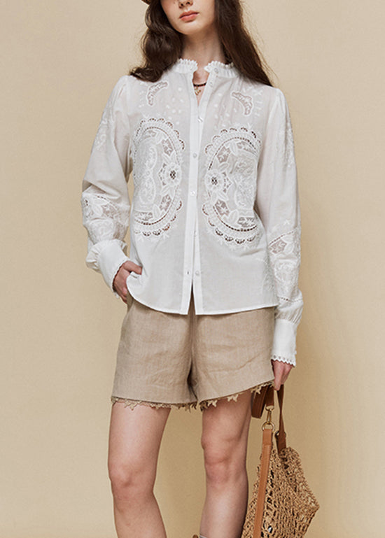 Italian White Stand Collar Embroidered Cotton Shirt Top Fall
