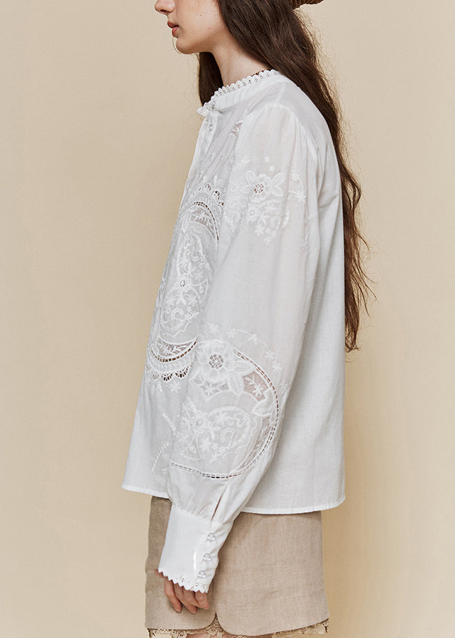 Italian White Stand Collar Embroidered Cotton Shirt Top Fall