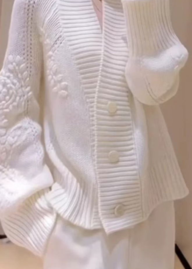 Italian White V Neck Floral Button Knit Cardigans Fall