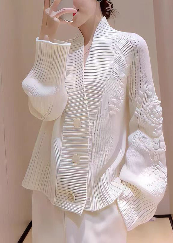 Italian White V Neck Floral Button Knit Cardigans Fall