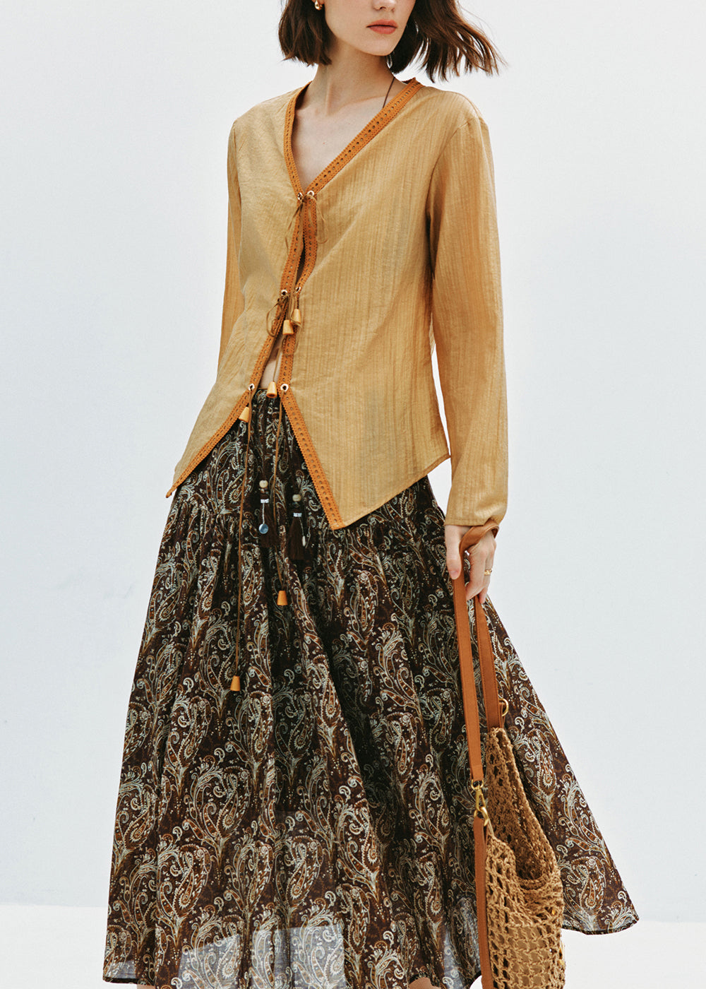 Italian Yellow V Neck Lace Up Cotton Shirt Fall