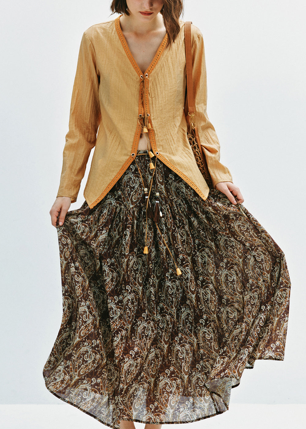 Italian Yellow V Neck Lace Up Cotton Shirt Fall