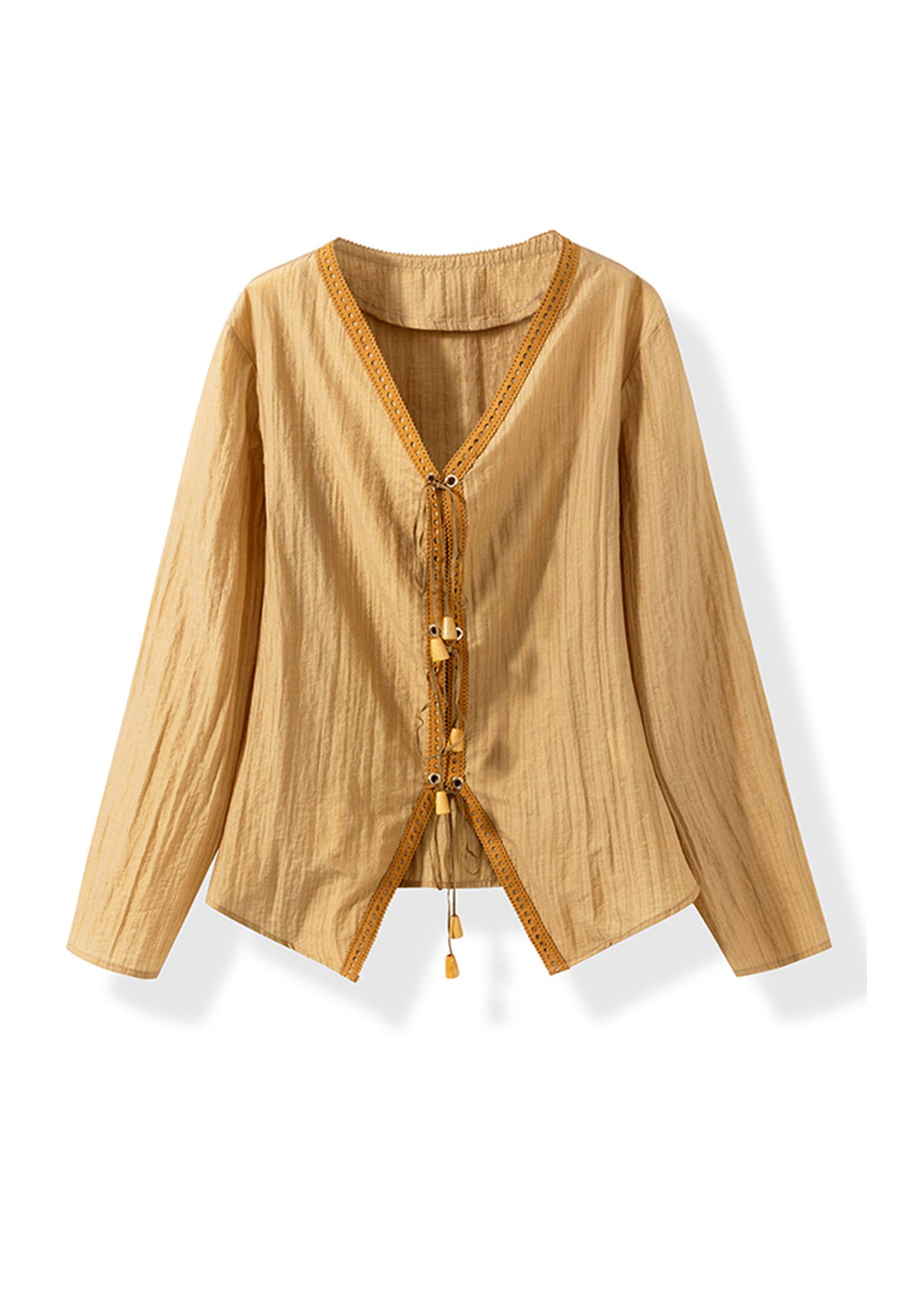 Italian Yellow V Neck Lace Up Cotton Shirt Fall