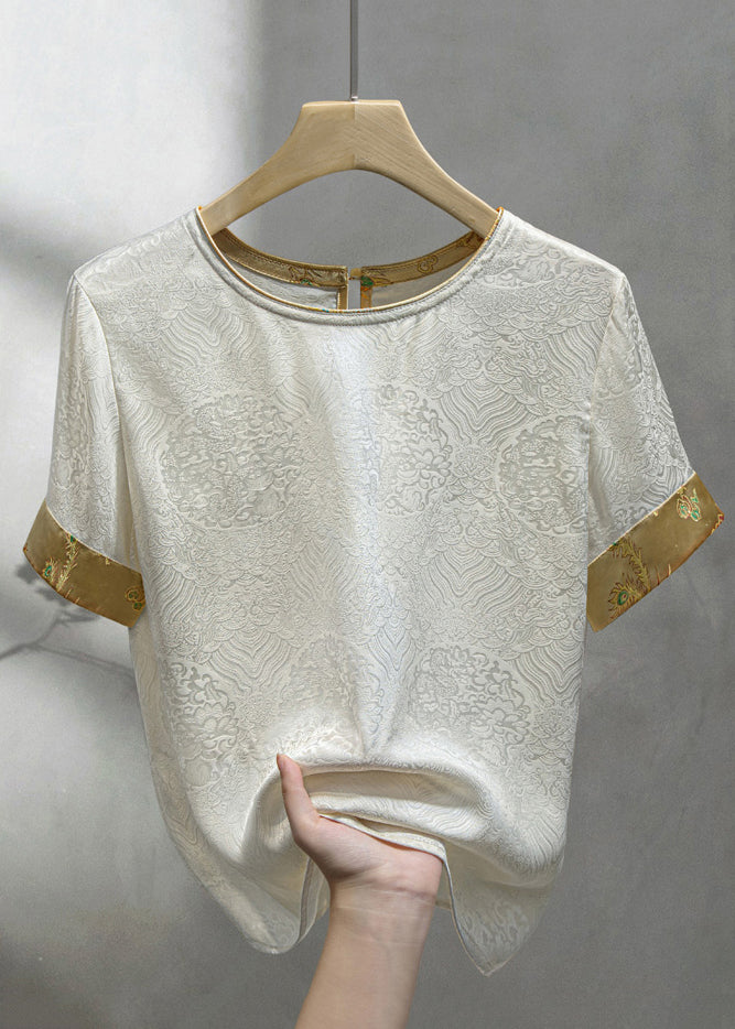 Jacquard Beige O Neck Button Patchwork Silk Shirt Summer