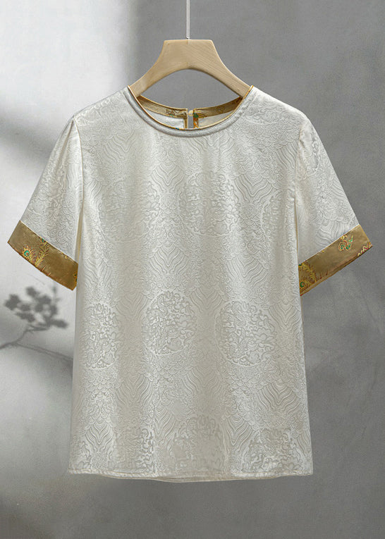 Jacquard Beige O Neck Button Patchwork Silk Shirt Summer