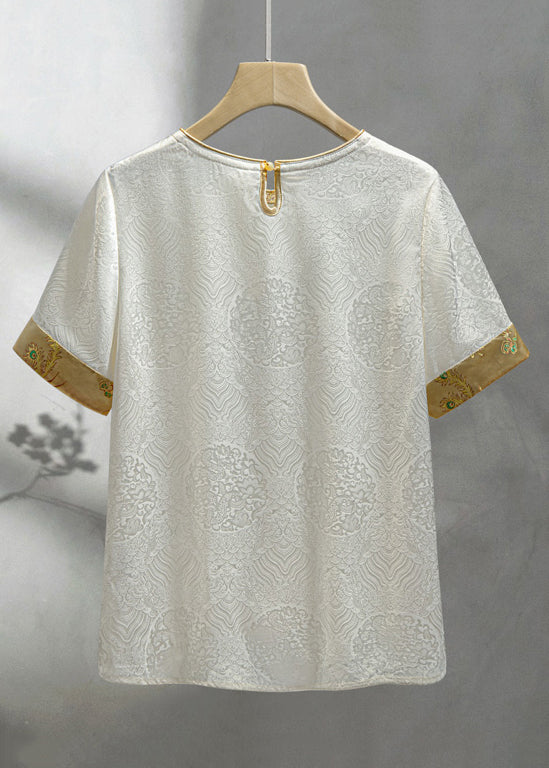 Jacquard Beige O Neck Button Patchwork Silk Shirt Summer