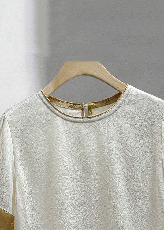 Jacquard Beige O Neck Button Patchwork Silk Shirt Summer