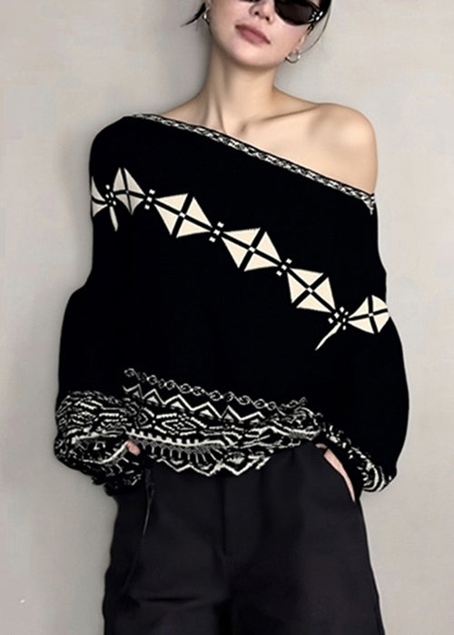 Jacquard Black Plaid Cozy Knit Sweater Fall