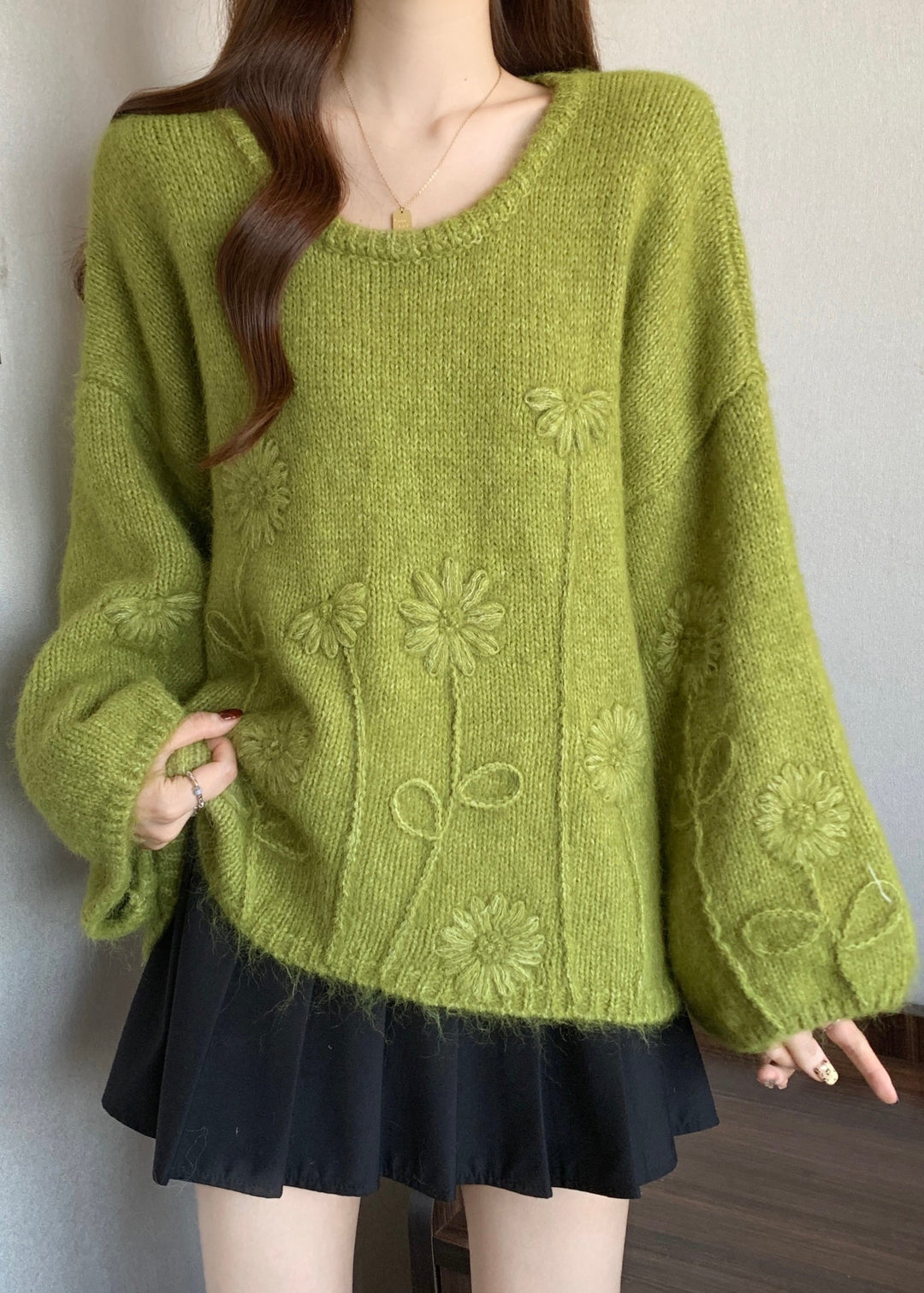Jacquard Olive Green O Neck Cozy Knit Sweater Tops Winter