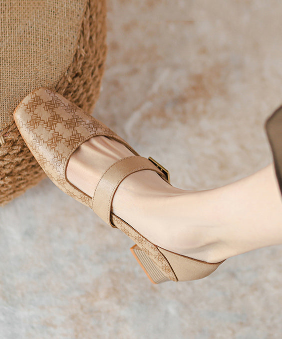 Khaki Faux Leather Buckle Strap Splicing Chunky Heel