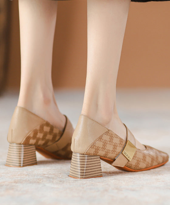 Khaki Faux Leather Buckle Strap Splicing Chunky Heel