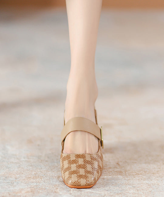 Khaki Faux Leather Buckle Strap Splicing Chunky Heel