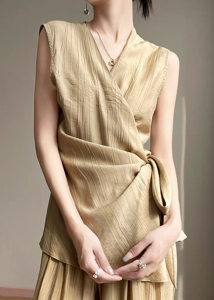 Khaki Lace Up Solid Cotton Sleeveless Shirts V Neck