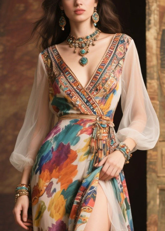 Khaki Print Chiffon Long Dress Exra Large Hem Side Open Summer