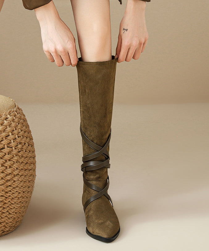 Khaki Suede Splicing Boho Boots Lace Up Pointed Toe