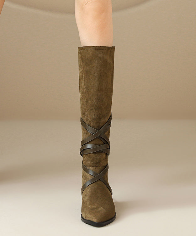 Khaki Suede Splicing Boho Boots Lace Up Pointed Toe