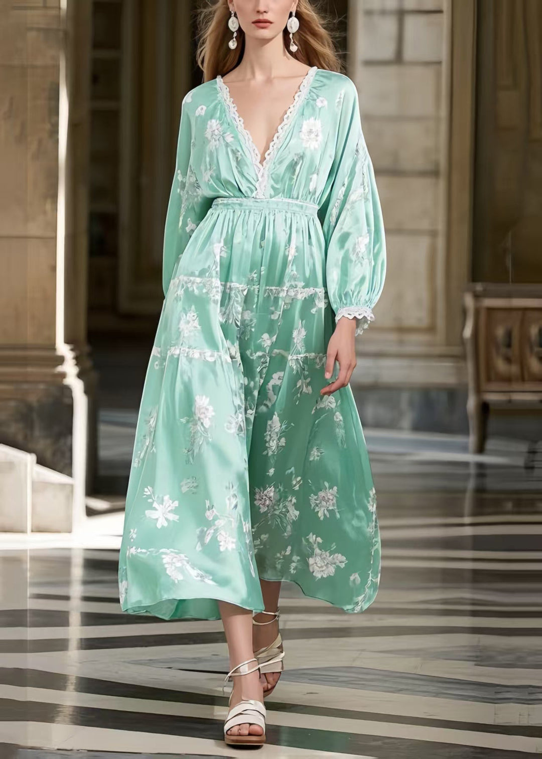 Lake Green Print Silk Long Dresses Deep-V Neck Spring