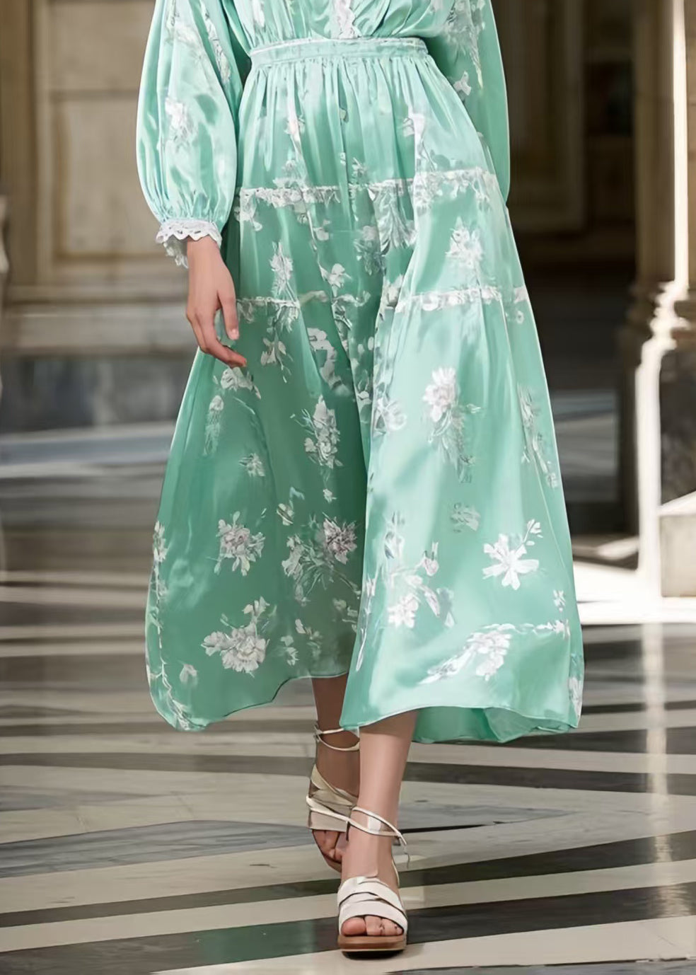 Lake Green Print Silk Long Dresses Deep-V Neck Spring