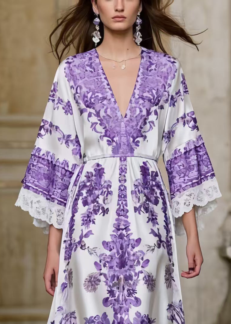 Lavender Print Silk Maxi Dresses Exra Large Hem Bracelet Sleeve