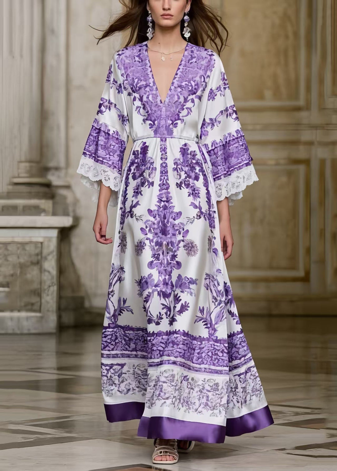 Lavender Print Silk Maxi Dresses Exra Large Hem Bracelet Sleeve