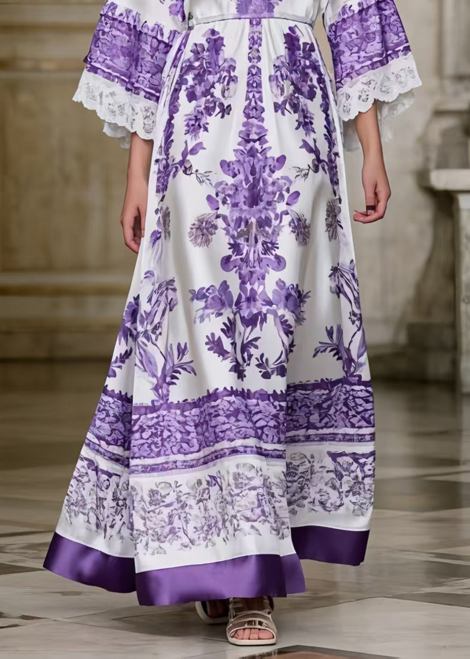 Lavender Print Silk Maxi Dresses Exra Large Hem Bracelet Sleeve