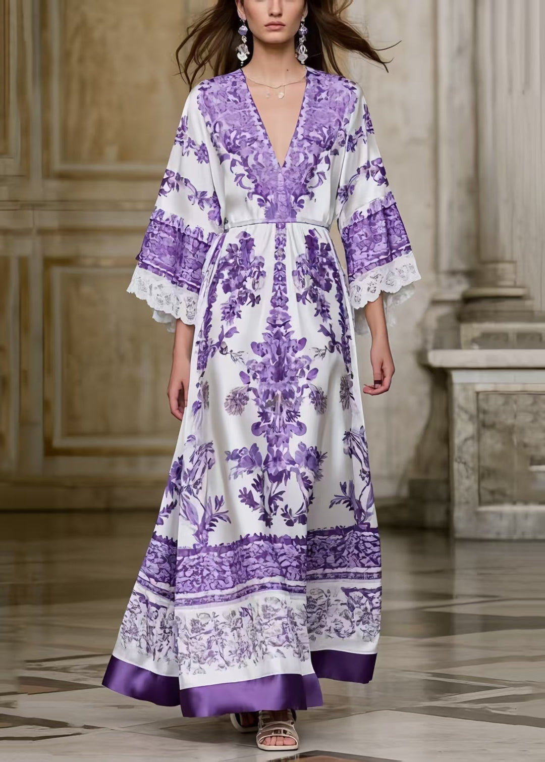 Lavender Print Silk Maxi Dresses Exra Large Hem Bracelet Sleeve