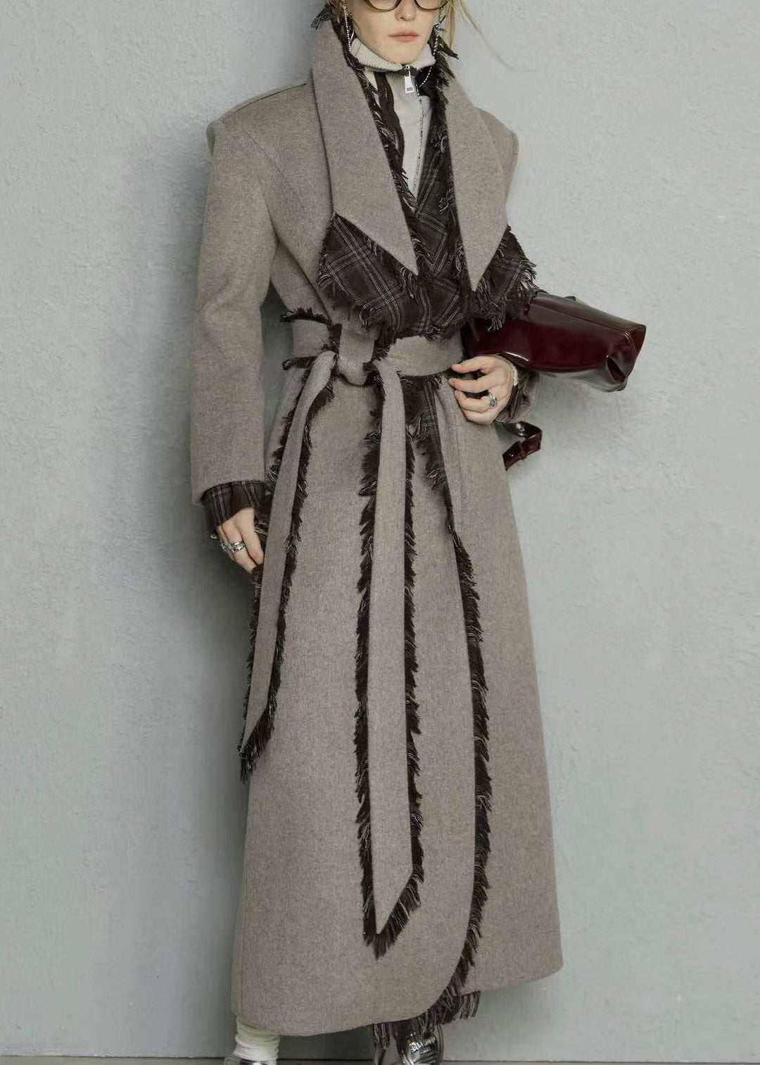 Light Camel Pockets Tie Waist Woolen Long Coats Peter Pan Collar