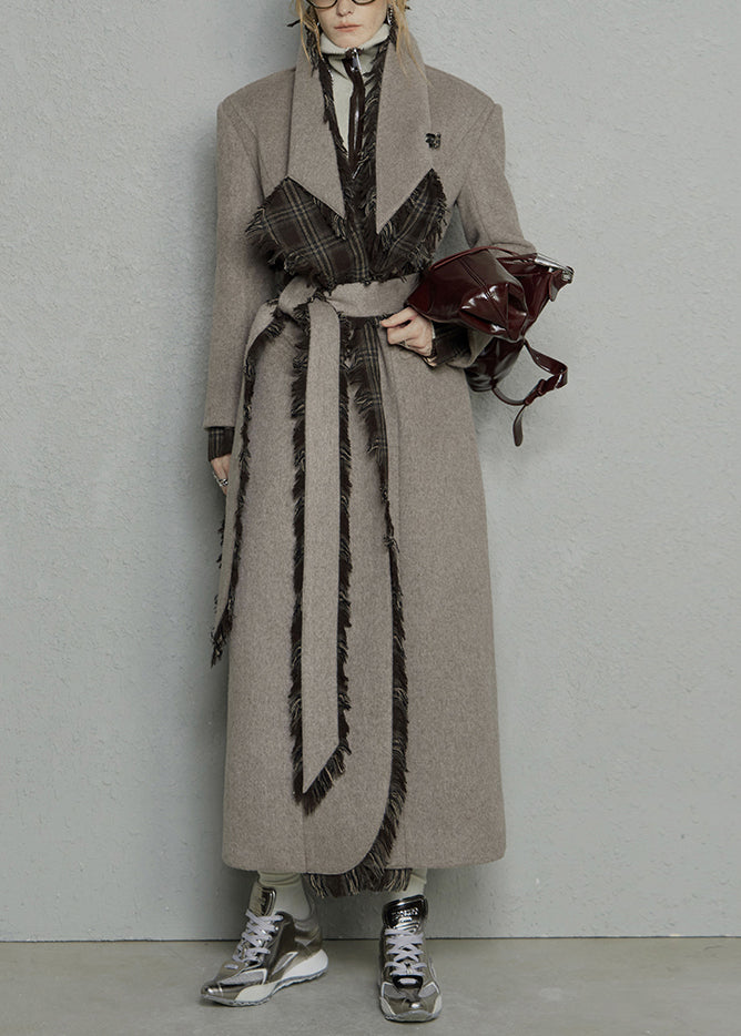 Light Camel Pockets Tie Waist Woolen Long Coats Peter Pan Collar