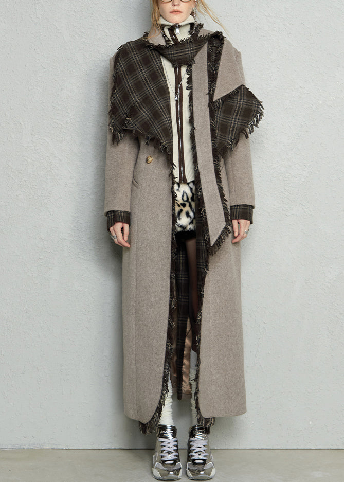 Light Camel Pockets Tie Waist Woolen Long Coats Peter Pan Collar