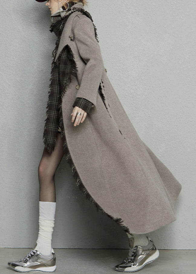 Light Camel Pockets Tie Waist Woolen Long Coats Peter Pan Collar