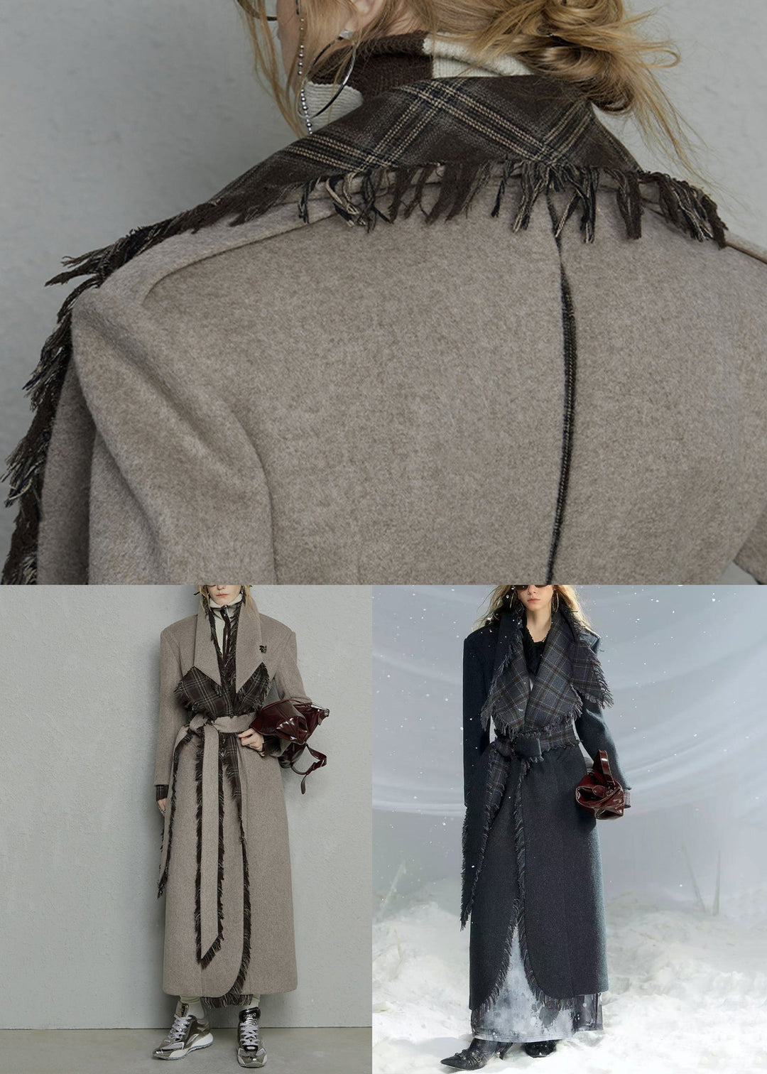 Light Camel Pockets Tie Waist Woolen Long Coats Peter Pan Collar