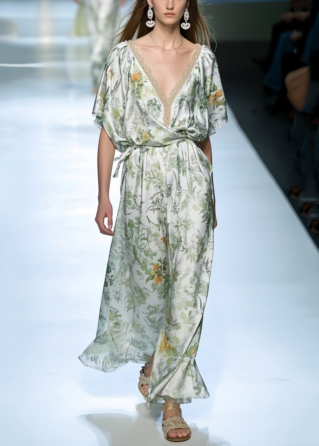Light Green Print Silk Robe Dresses Oversized Summer
