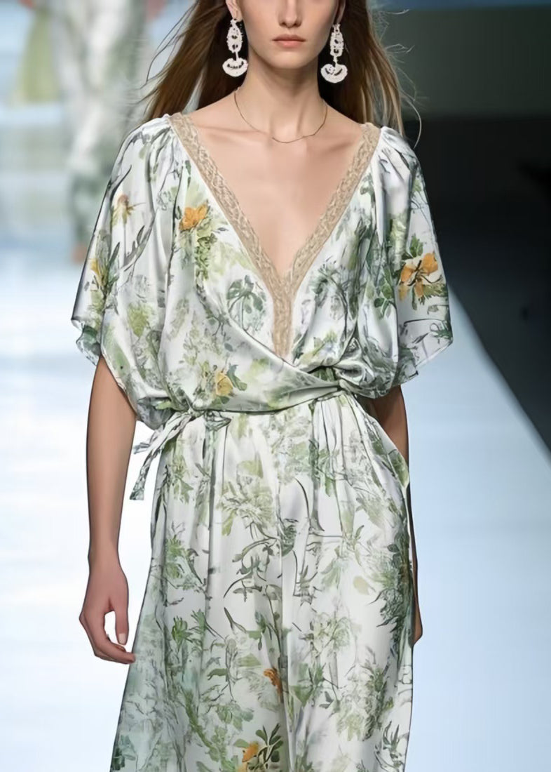 Light Green Print Silk Robe Dresses Oversized Summer