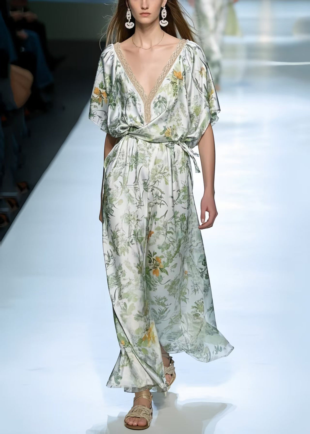 Light Green Print Silk Robe Dresses Oversized Summer