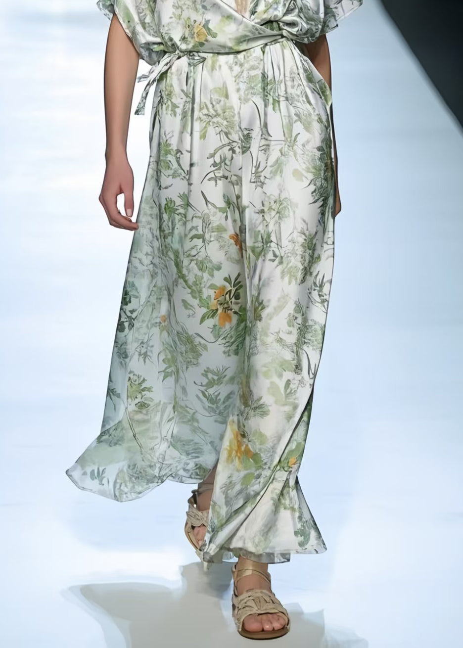 Light Green Print Silk Robe Dresses Oversized Summer