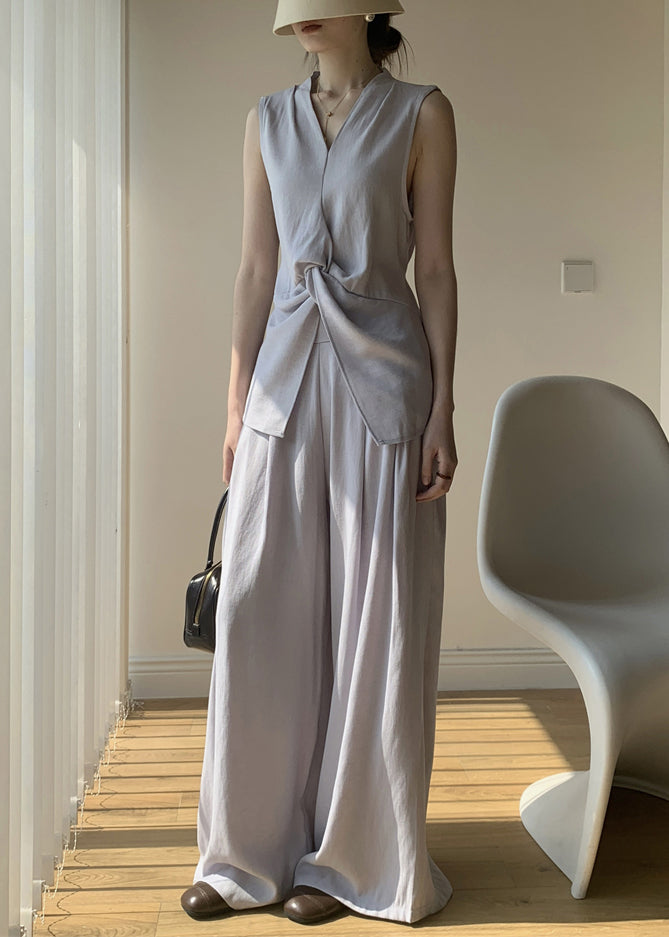 Light Purple Lace Up Solid Cotton Two Piece Set V Neck Summer