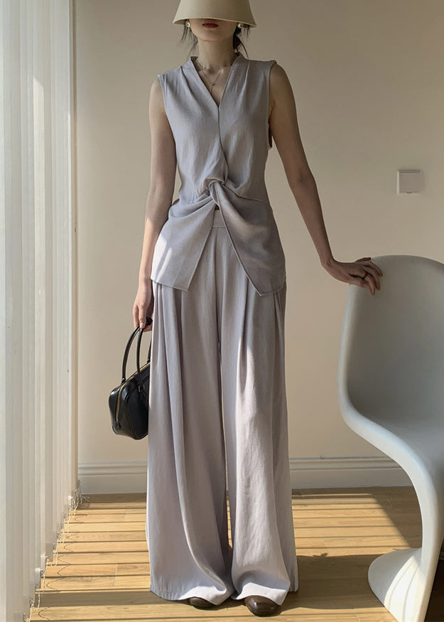 Light Purple Lace Up Solid Cotton Two Piece Set V Neck Summer