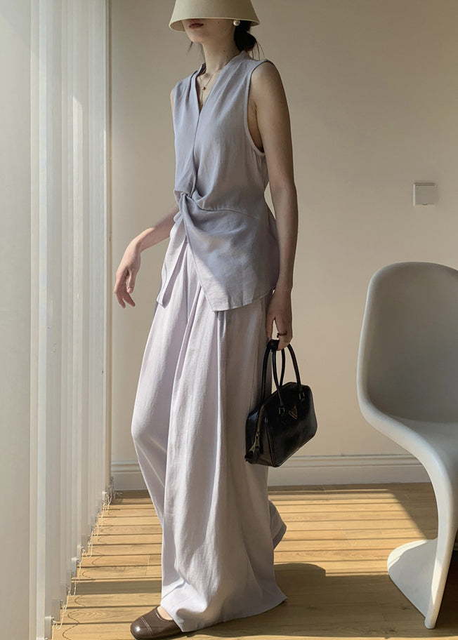 Light Purple Lace Up Solid Cotton Two Piece Set V Neck Summer