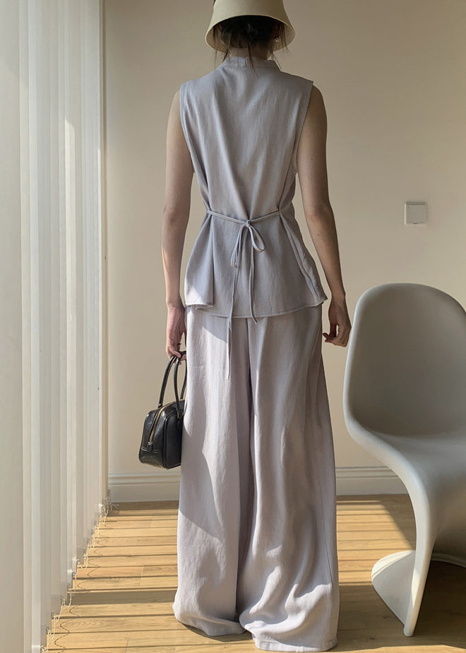 Light Purple Lace Up Solid Cotton Two Piece Set V Neck Summer