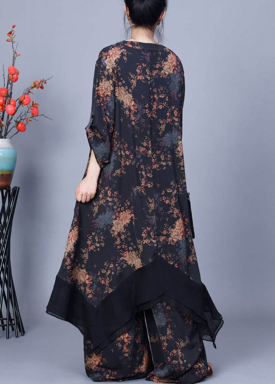 Loose Black Asymmetrical Print Silk Two Piece Set Summer