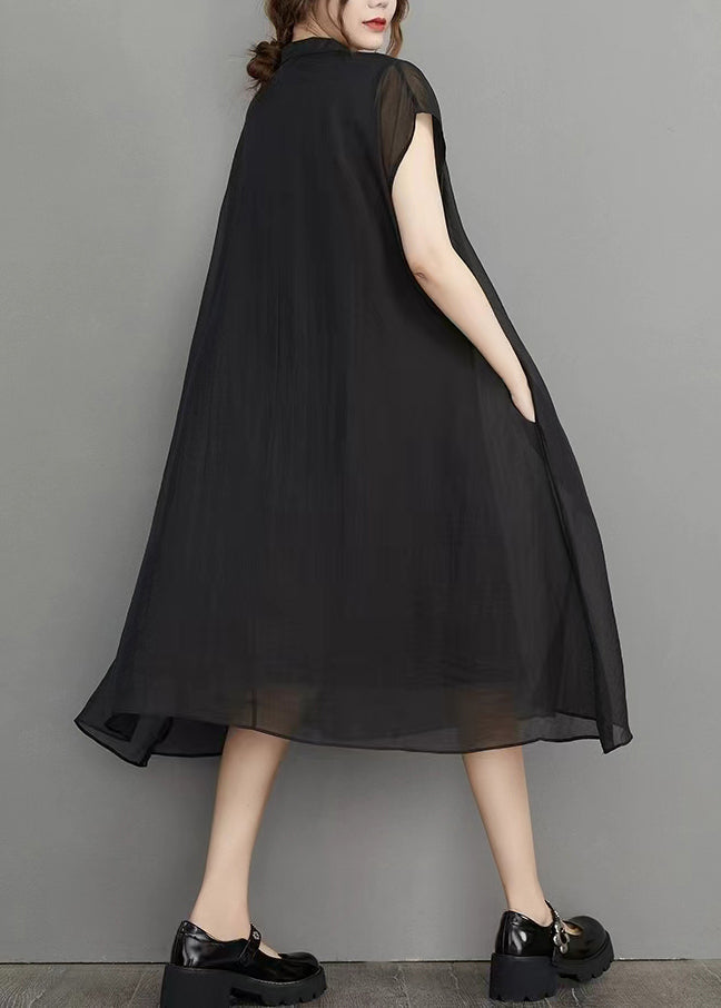 Loose Black Letter Embroidered Pockets Silk Cotton Dresses Summer