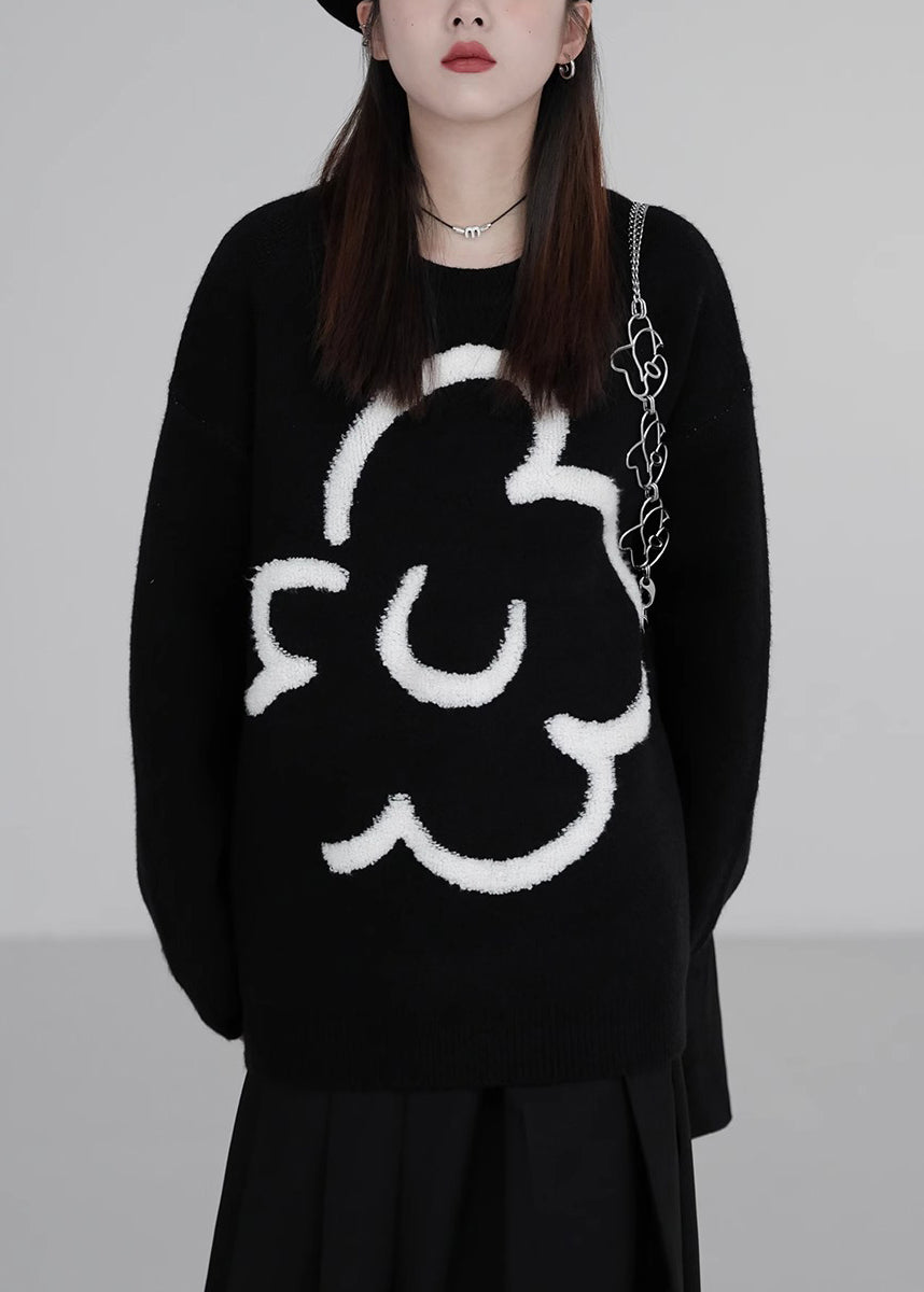 Loose Black O-Neck Floral Cozy Knit Sweaters Winter