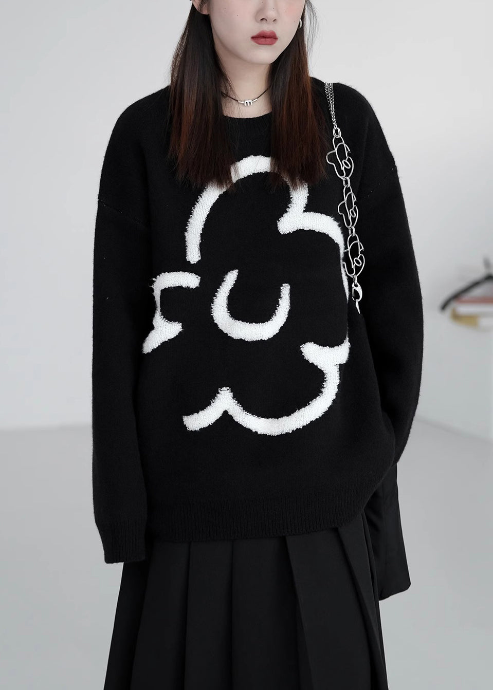 Loose Black O-Neck Floral Cozy Knit Sweaters Winter