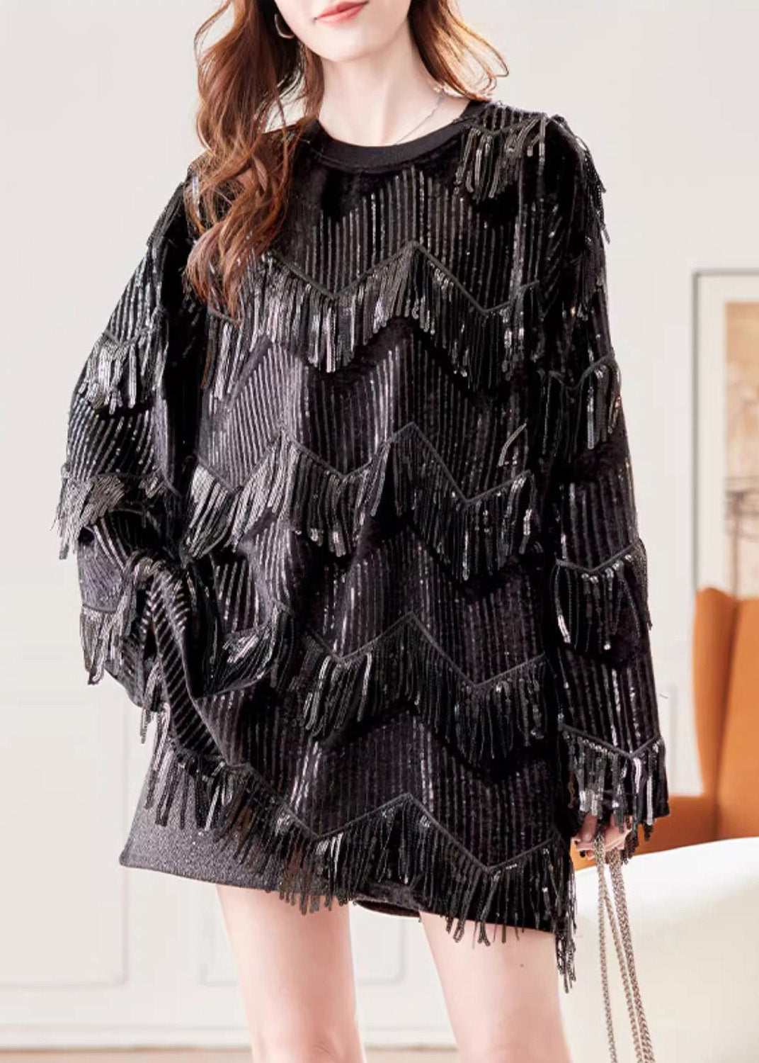 Loose Black O-Neck Patchwork Tassel Silk Velvet Top Spring