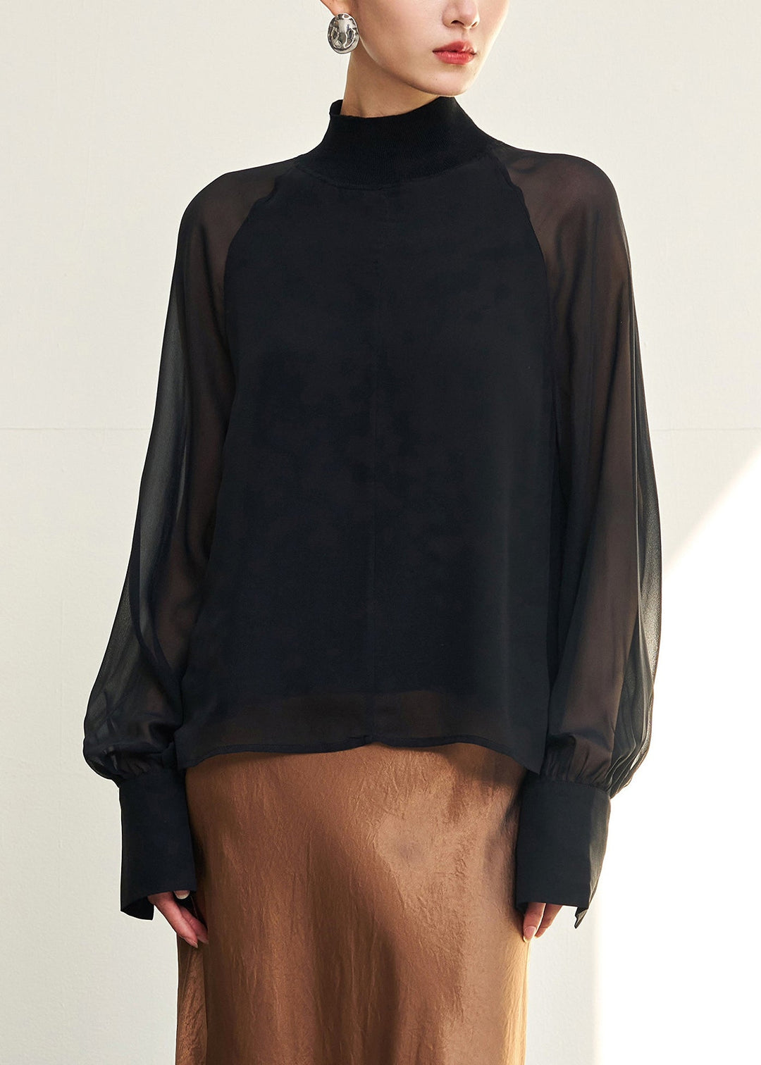 Loose Black Turtleneck Thin Solid Silk Shirt Fall