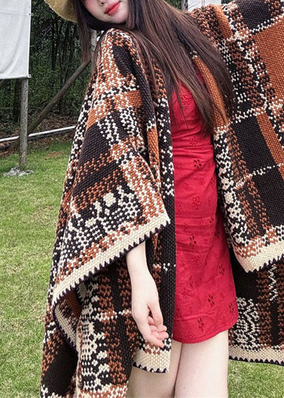 Loose Brown Plaid Patchwork Hooded Cloak Fall