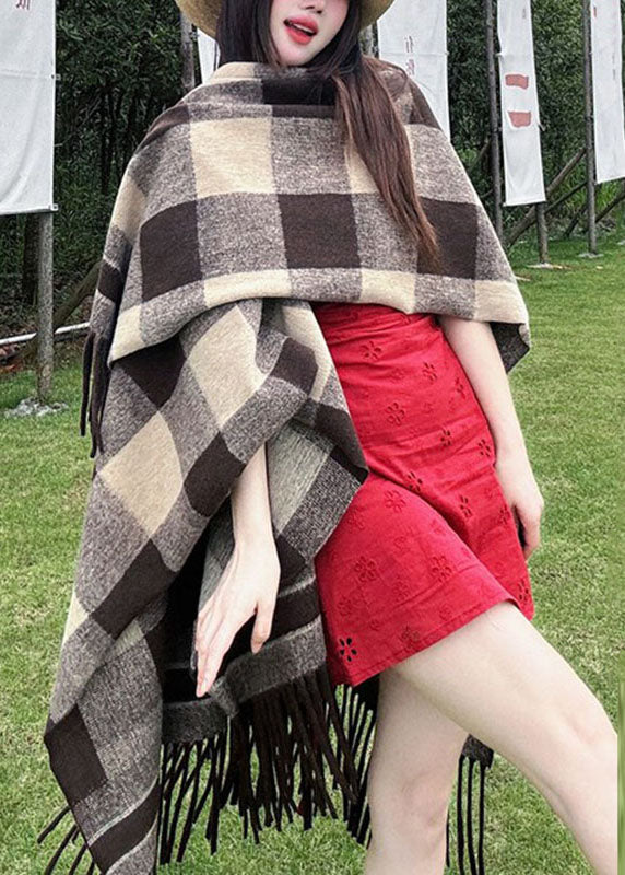 Loose Brown Plaid Patchwork Hooded Cloak Fall