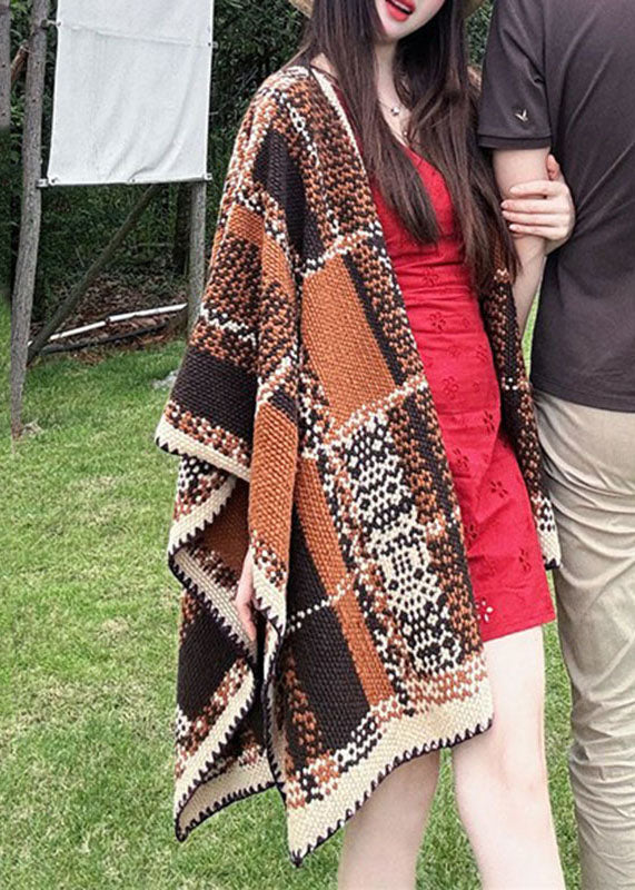 Loose Brown Plaid Patchwork Hooded Cloak Fall