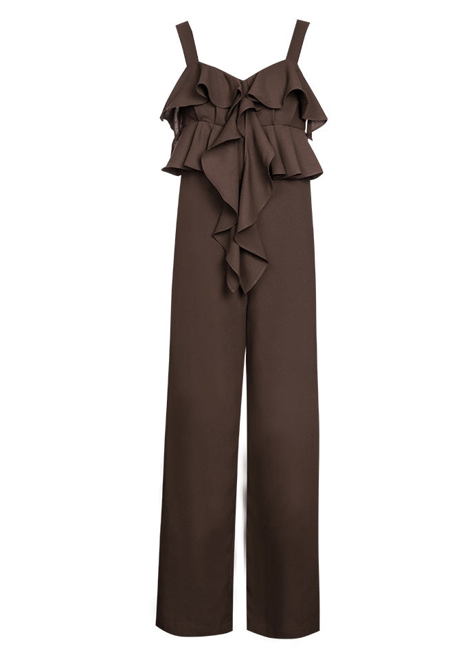 Loose Brown Ruffled Patchwork Solid Suspender Jumpsuits Sleeveles